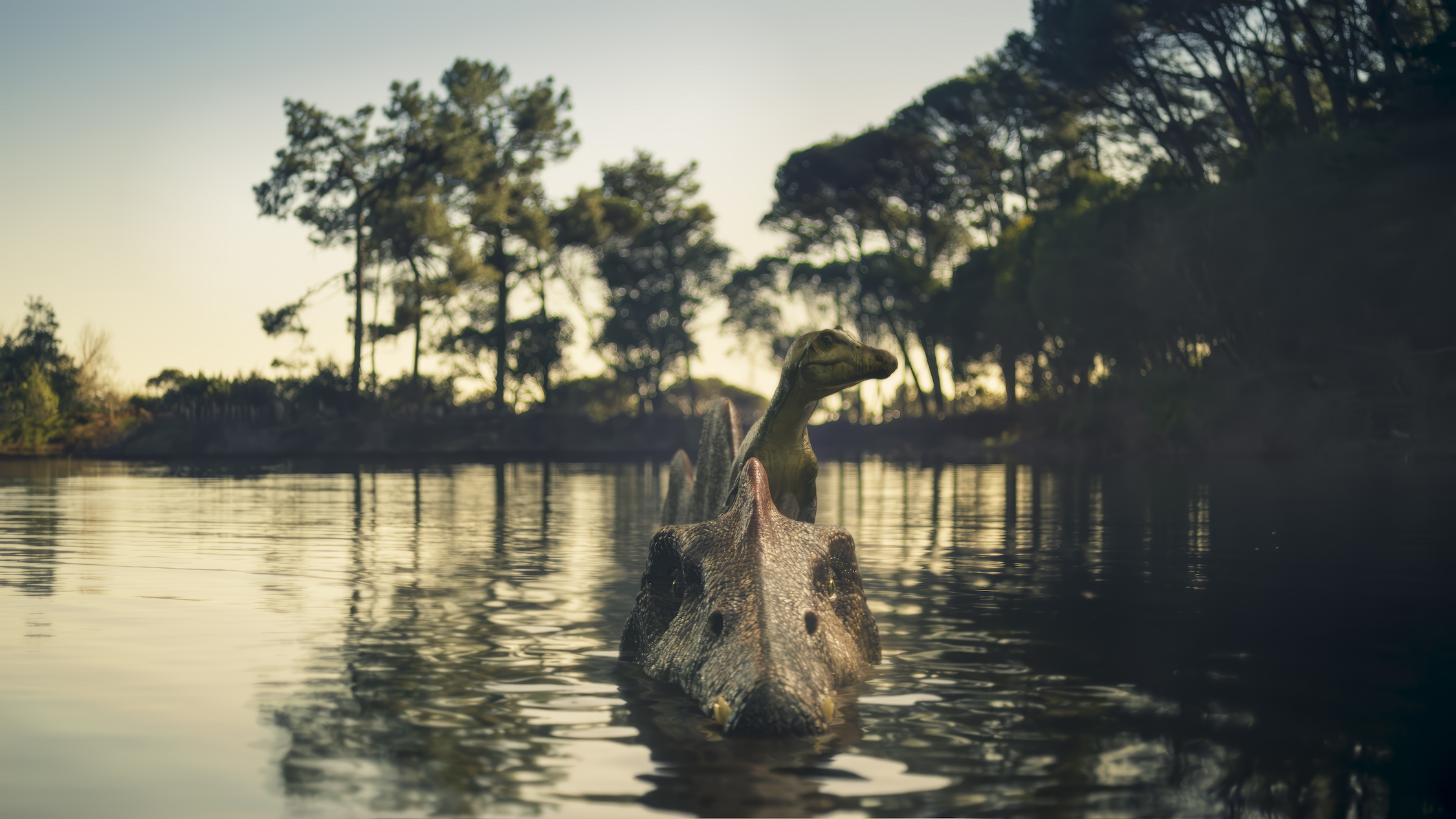 VFX: An adult Spinosaurus swimming with its young on its head