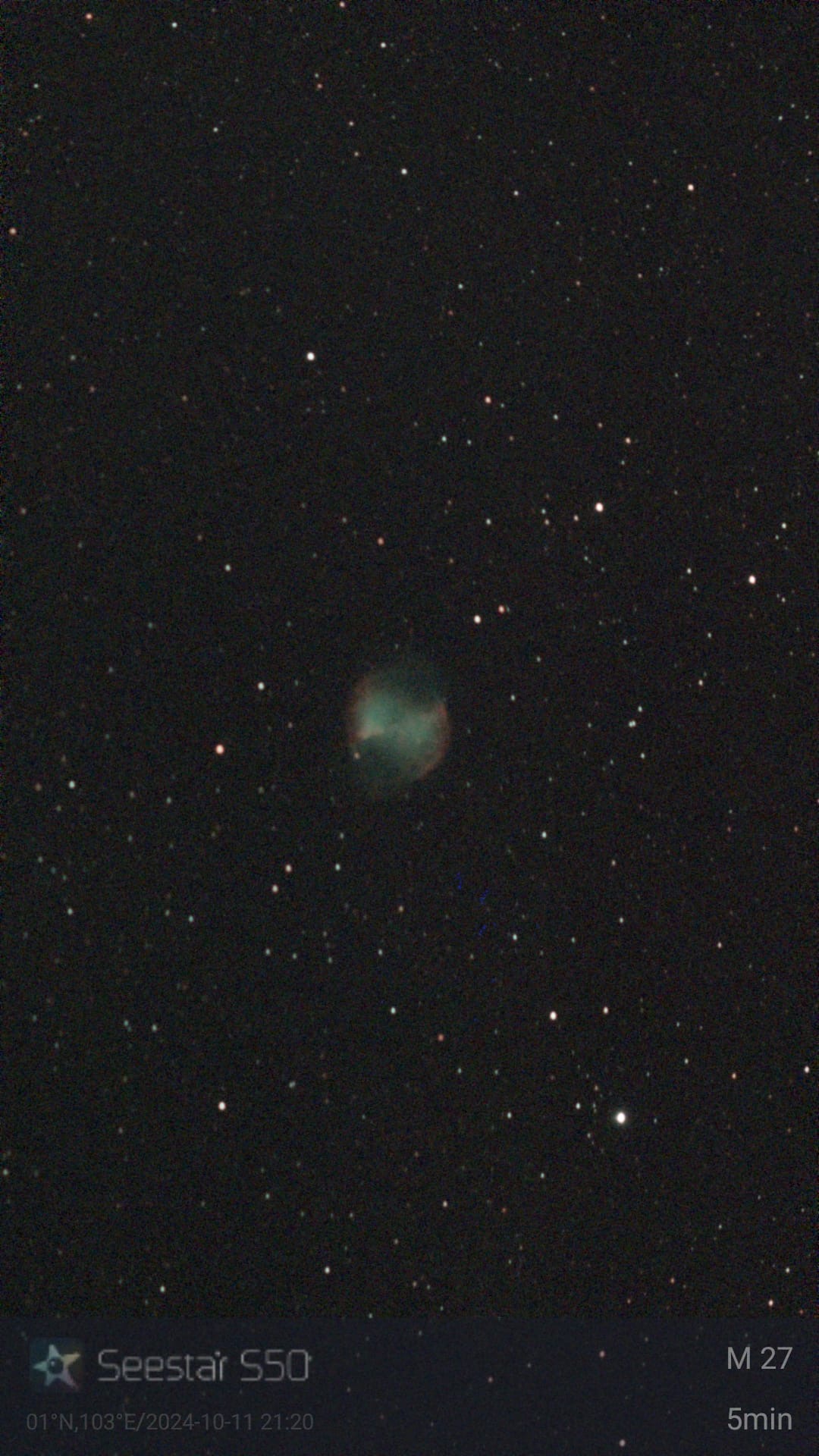 Photo of dumbbell nebula (M27) taken at SCOB with SeeStar S50 smart telescope on 11/10/2024.