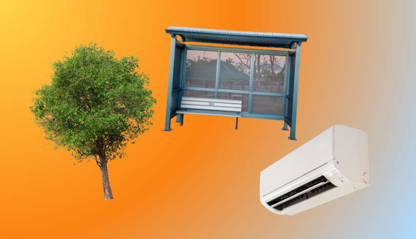 Collage of a tree, a bus shelter, and an air conditioner against an orange-blue gradient background.