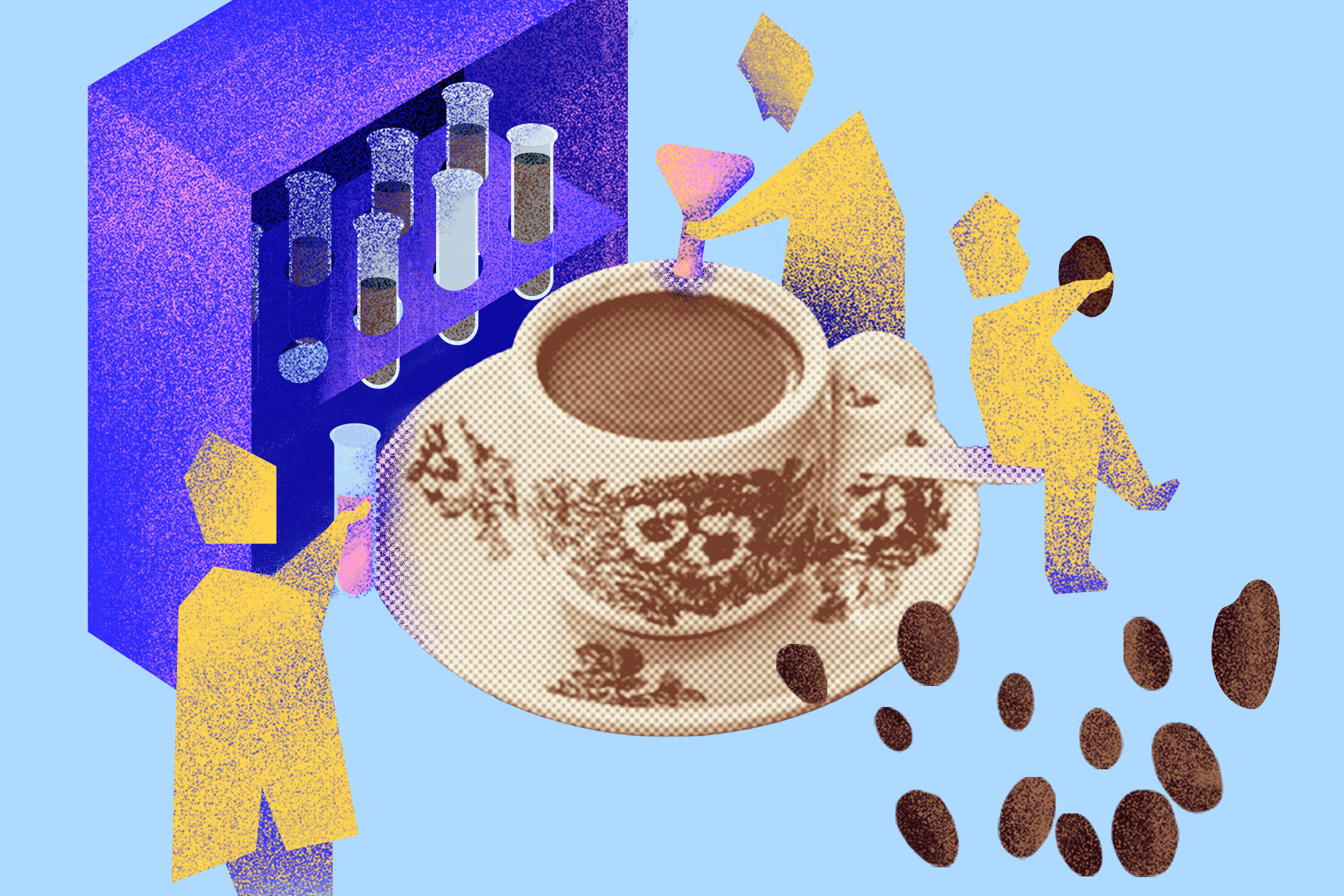 Illustration of traditional kopi cup surrounded by little scientists in lab coats.