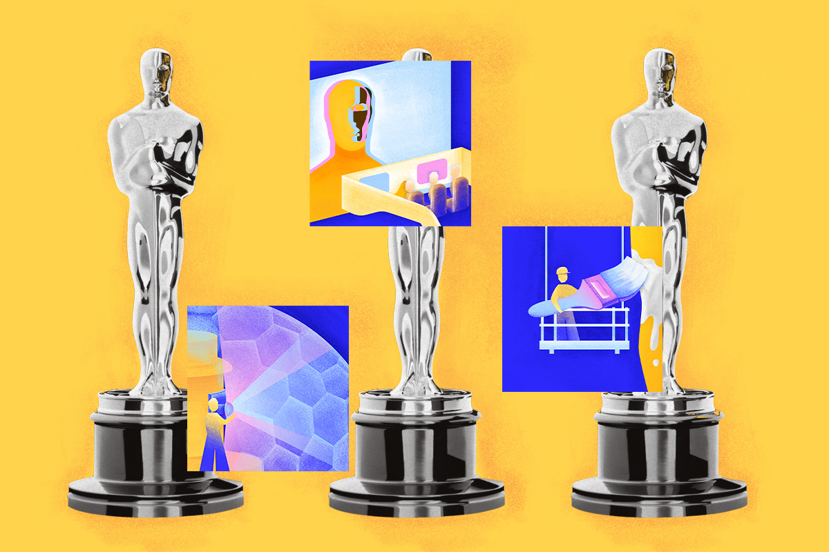 Oscar statues overlaid with different film technologies.