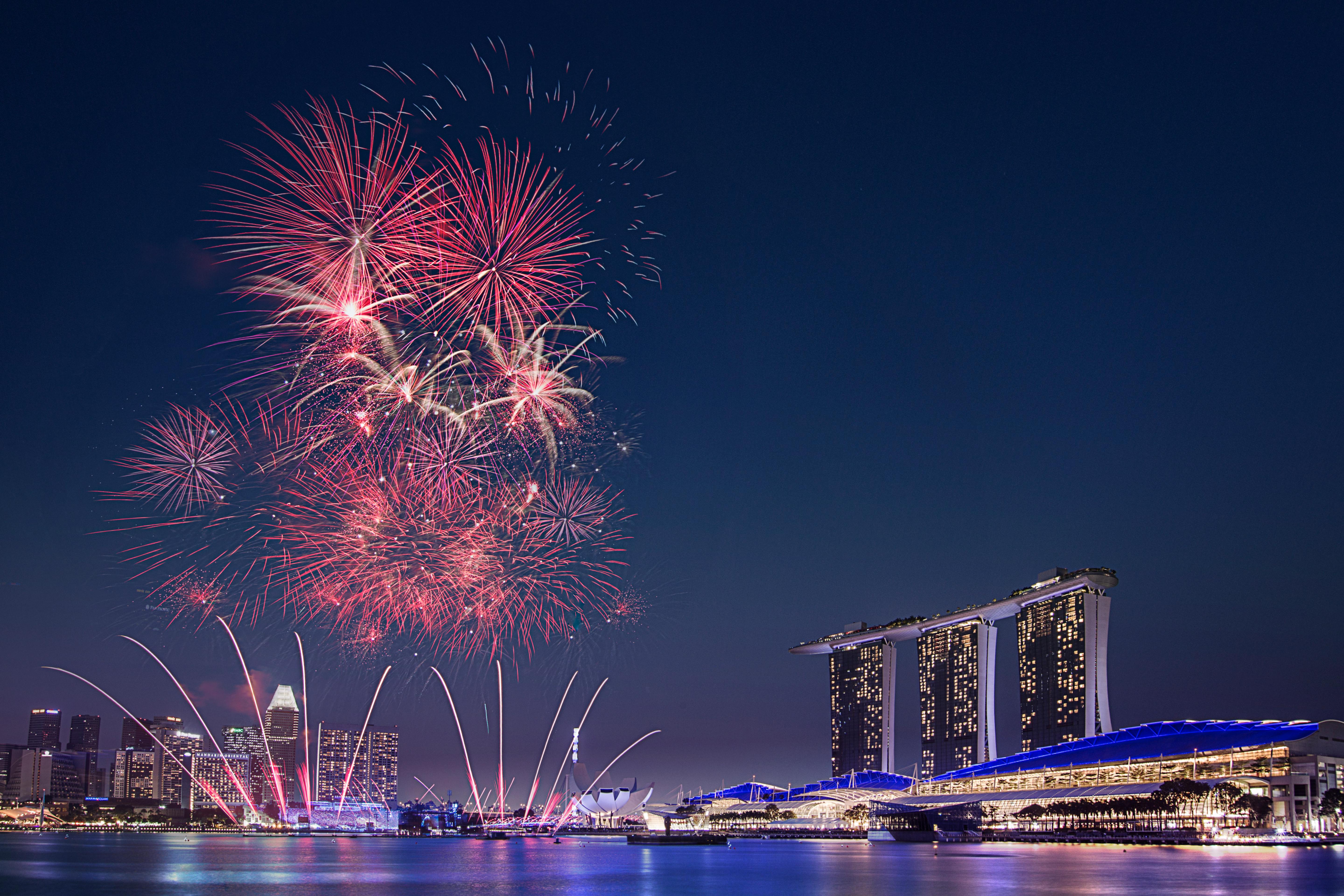 Fireworks over Marina Bay Sands.