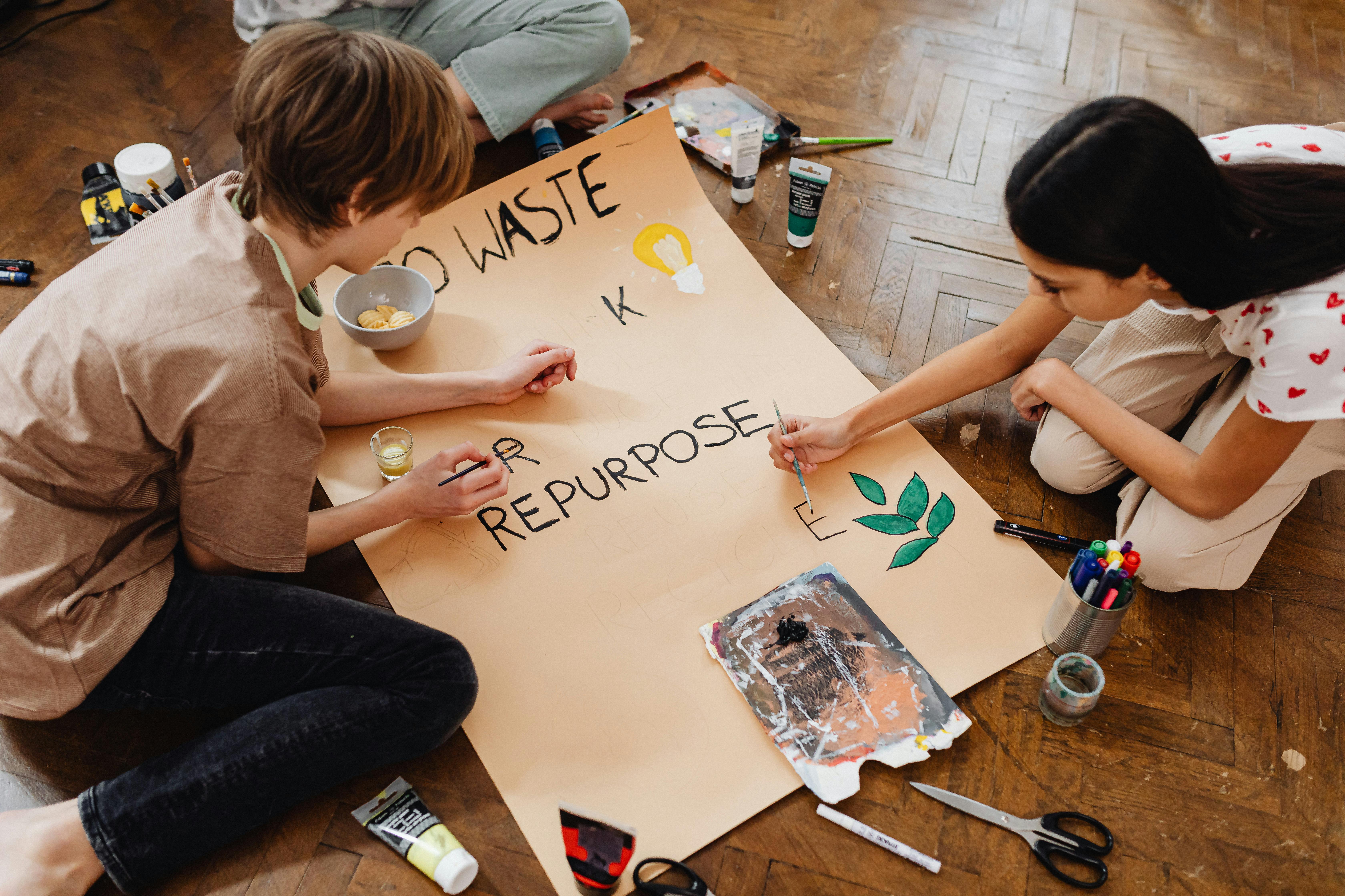 Children creating a poster about sustainability.