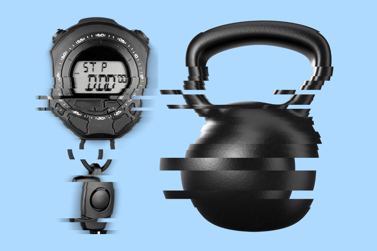 Stopwatch and kettlebell.